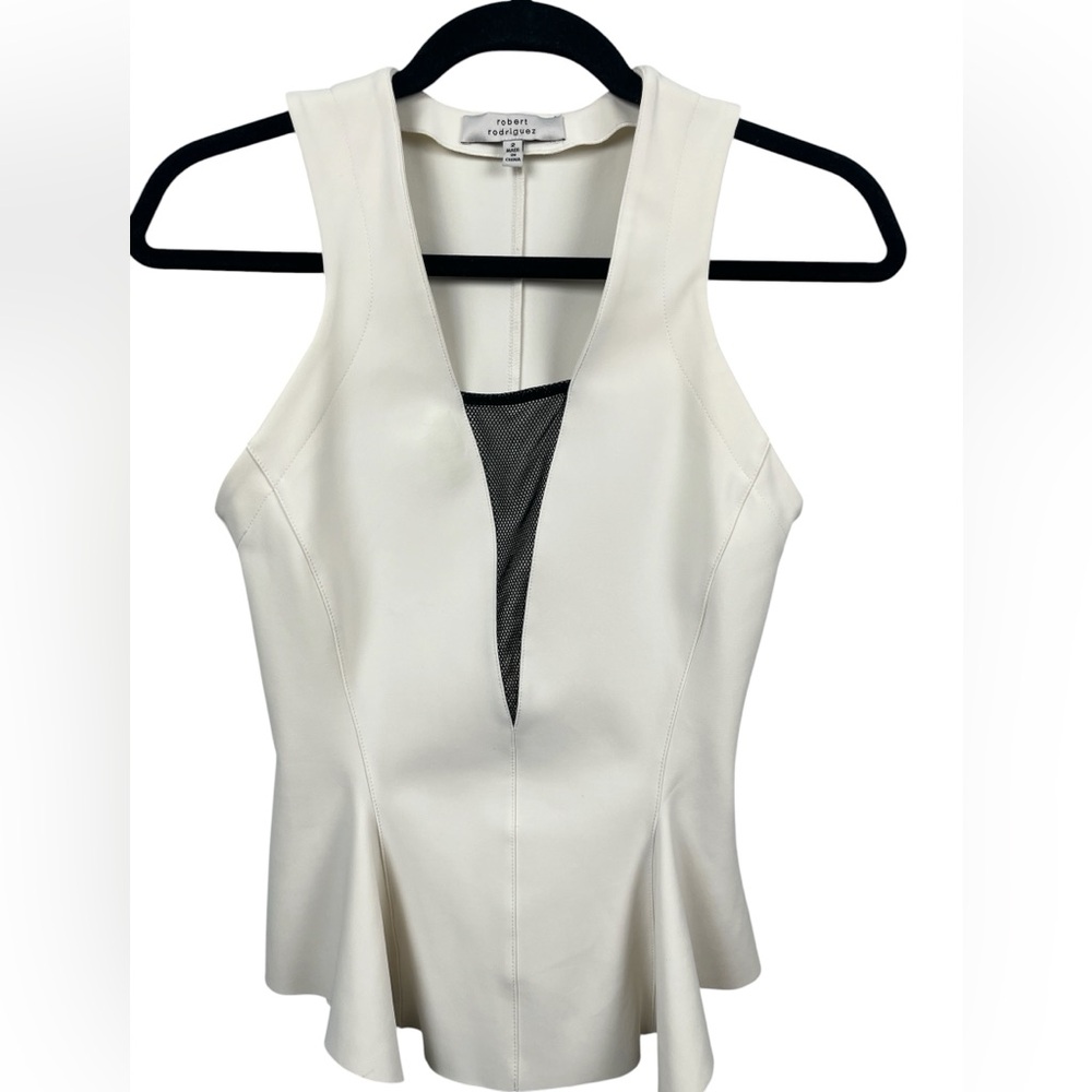 ROBERT RODRIGUEZ Cream Peplum Top Mesh Inset Sleeveless Stretch Side Zip Size 2